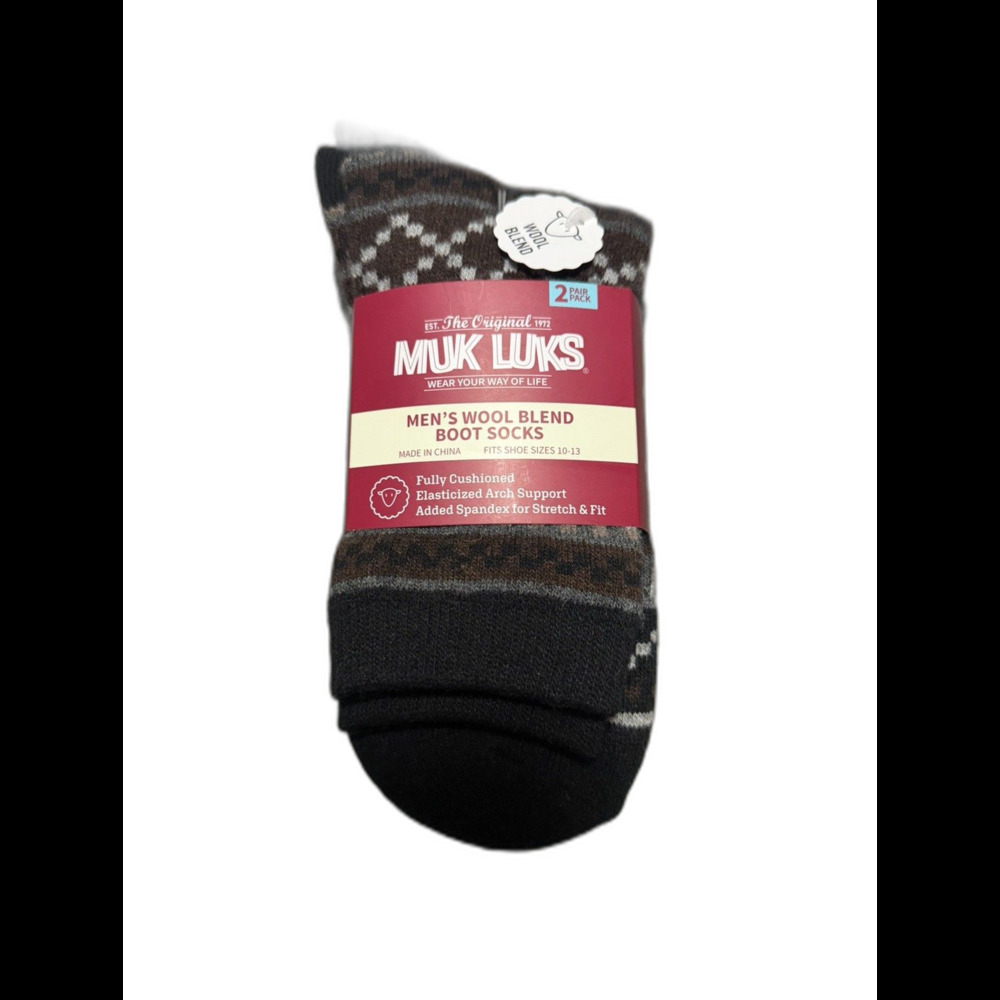 MUK LUKS MEN'S 2 PK WOOL BLEND BOOT SOCKS, SHOE SIZE 10-13